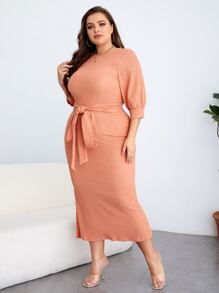 SHEIN Clasi Plus Solid Zip Back Belted Dress - Coral Orange - View 4