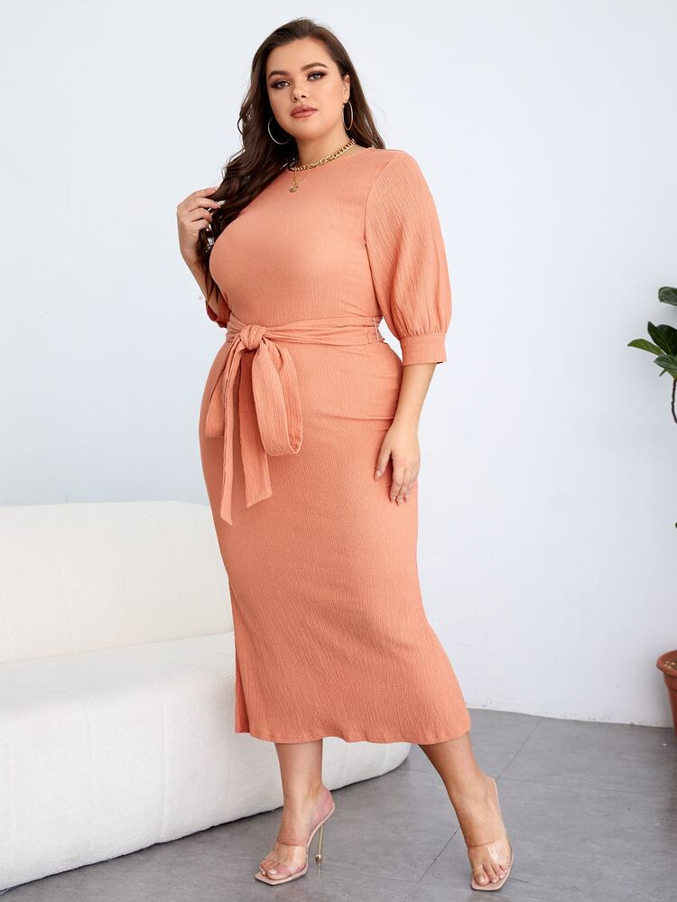 SHEIN Clasi Plus Solid Zip Back Belted Dress - Coral Orange - View 4