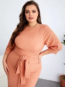 SHEIN Clasi Plus Solid Zip Back Belted Dress - Coral Orange - View 5