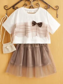 Bộ hai mảnh Gái Nơ Bướm Tương phản Mesh Xù Khối Màu Dễ thương - Nhiều màu - Xem 1