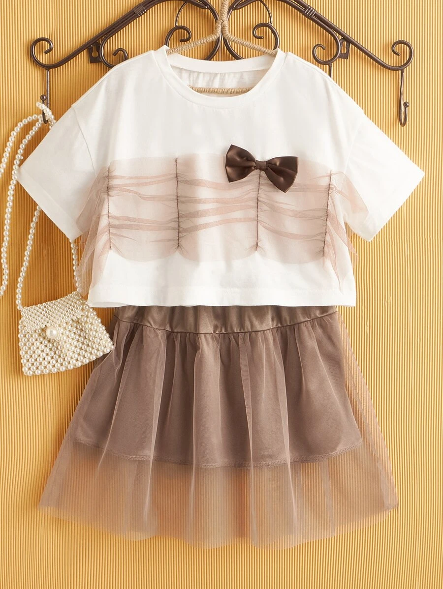 Bộ hai mảnh Gái Nơ Bướm Tương phản Mesh Xù Khối Màu Dễ thương - Nhiều màu - Xem 1