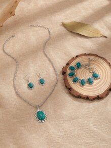 4 piezas Set joya con diseño de piedra de oval - Verde - Ver 1