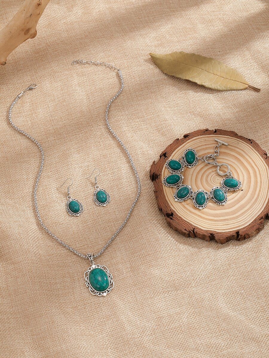 4 piezas Set joya con diseño de piedra de oval - Verde - Ver 1