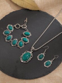 4 piezas Set joya con diseño de piedra de oval - Verde - Ver 2
