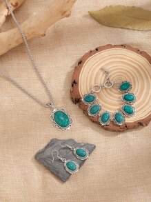 4 piezas Set joya con diseño de piedra de oval - Verde - Ver 4