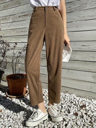 DAZY Pantalones rectos de pana de cintura alta, pantalones de vestir para mujer en otoño e invierno