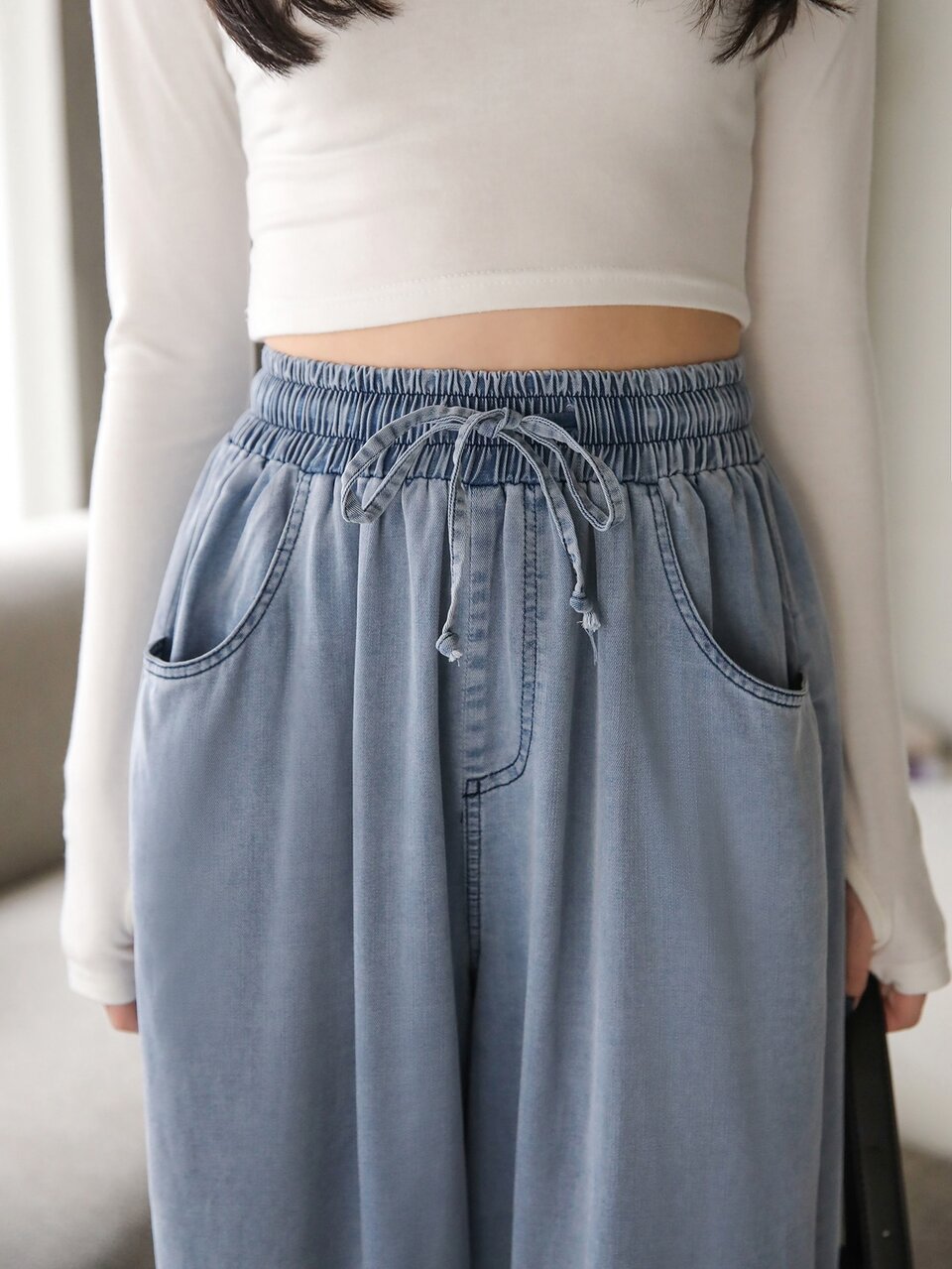 High Waist Drawstring Wide Leg Jeans