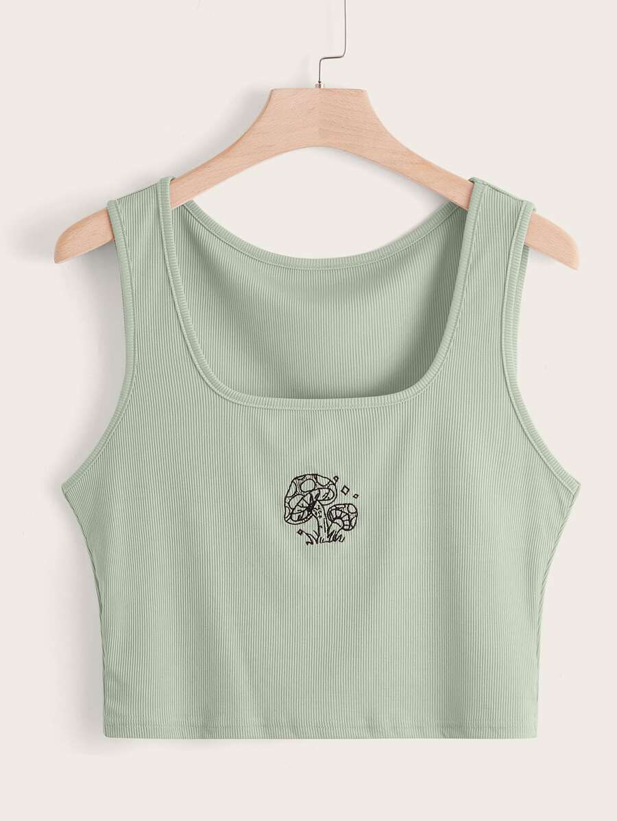 Flirla Plus Mushroom Embroidery Ribbed Tank Top