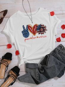 SHEIN Unity Áo thun Plus size Tim Lá cờ Giải trí - trắng - Xem 1