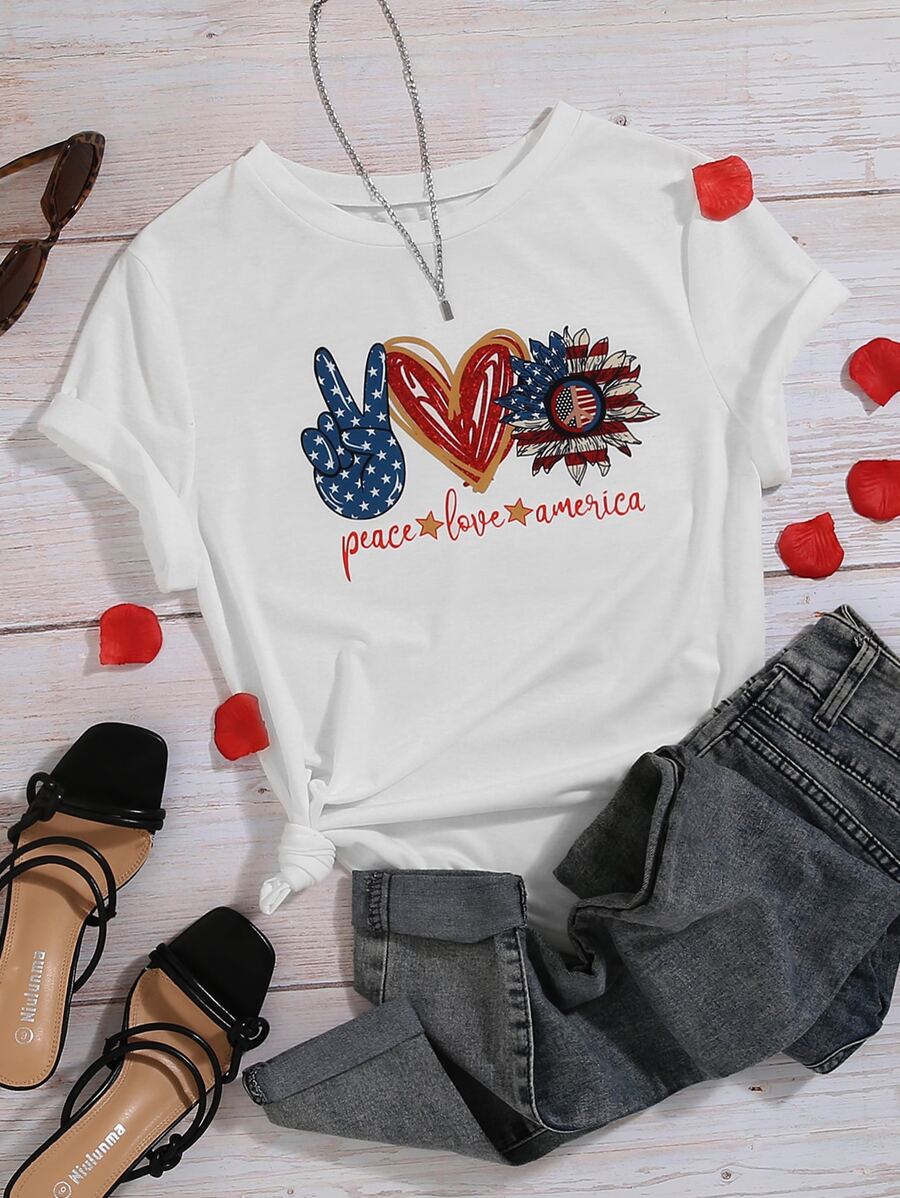 SHEIN Unity Áo thun Plus size Tim Lá cờ Giải trí - trắng - Xem 1