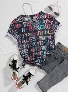 SHEIN LUNE Plus Allover Letter Graphic Tee - Multicolor - View 1