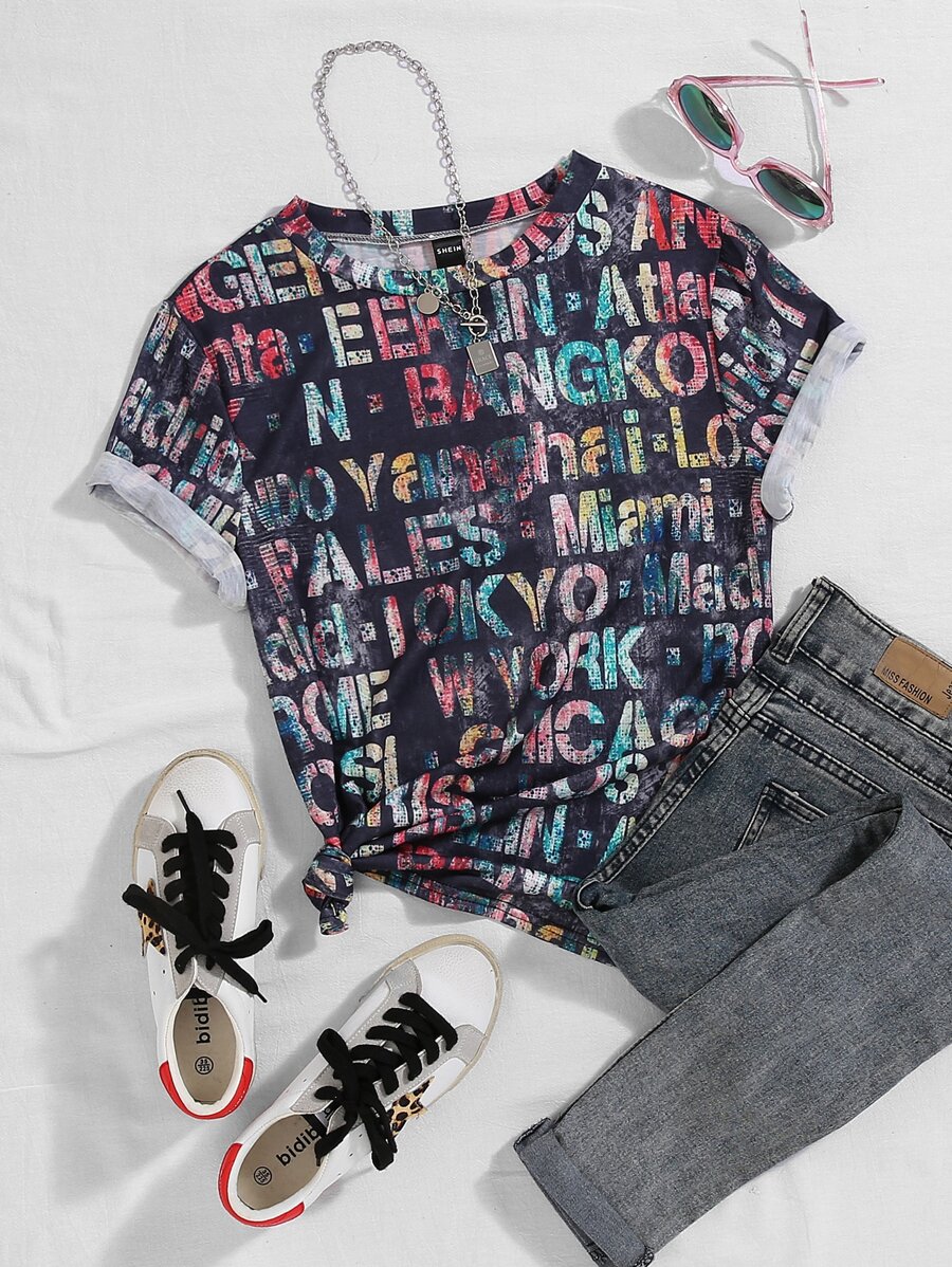 SHEIN LUNE Plus Allover Letter Graphic Tee - Multicolor - View 1