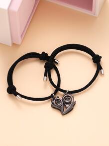 時尚流行男士合金2入組情侶心形吊飾手鍊朋克嘻哈風格適合珠寶禮物和時尚外觀 - 槍黑色 - 查看 2