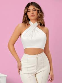 SHEIN SXY 十字交叉打結露背掛脖上衣 - 白色 - 查看 1