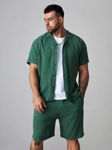 Manfinity VCAY Men Plus Solid Button Front Lapel Neck Shirt & Shorts - Green - View 1