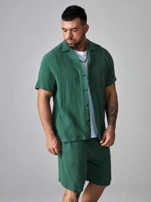 Manfinity VCAY Men Plus Solid Button Front Lapel Neck Shirt & Shorts - Green - View 4