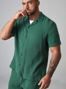 Manfinity VCAY Men Plus Solid Button Front Lapel Neck Shirt & Shorts - Green - View 5