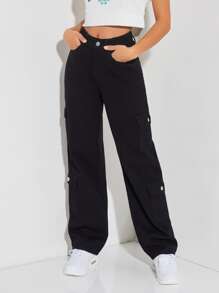 SHEIN PETITE 拉鏈門襟翻蓋口袋男友牛仔褲 - 黑色 - 查看 1