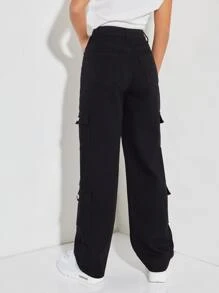 SHEIN PETITE 拉鏈門襟翻蓋口袋男友牛仔褲 - 黑色 - 查看 2