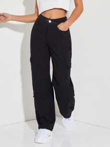 SHEIN PETITE 拉鏈門襟翻蓋口袋男友牛仔褲 - 黑色 - 查看 3