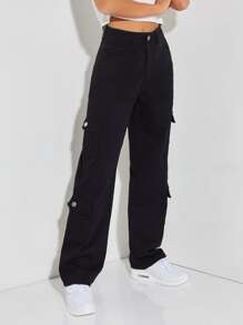 SHEIN PETITE 拉鏈門襟翻蓋口袋男友牛仔褲 - 黑色 - 查看 5