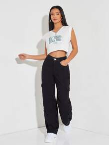 SHEIN PETITE 拉鏈門襟翻蓋口袋男友牛仔褲 - 黑色 - 查看 6