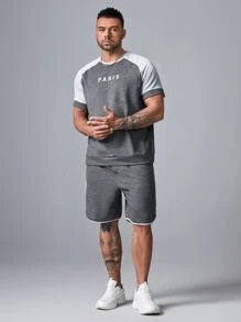 EASEVO Men Plus Letter Graphic Raglan Sleeve Top & Track Shorts Set - Grey - View 1