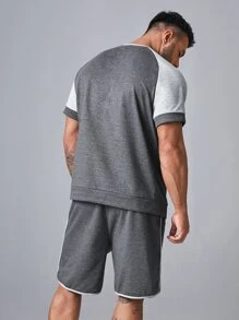 EASEVO Men Plus Letter Graphic Raglan Sleeve Top & Track Shorts Set - Grey - View 2