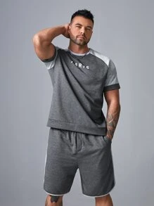 EASEVO Men Plus Letter Graphic Raglan Sleeve Top & Track Shorts Set - Grey - View 3