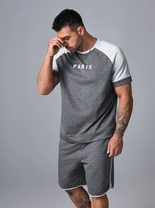 EASEVO Men Plus Letter Graphic Raglan Sleeve Top & Track Shorts Set - Grey - View 5