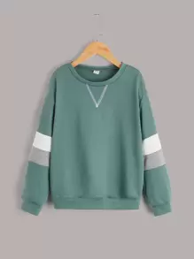 SHEIN 青少年男孩色塊拼接滴肩運動休閒長袖上衣，適用於春秋日常穿著 - 青碧色 - 查看 1