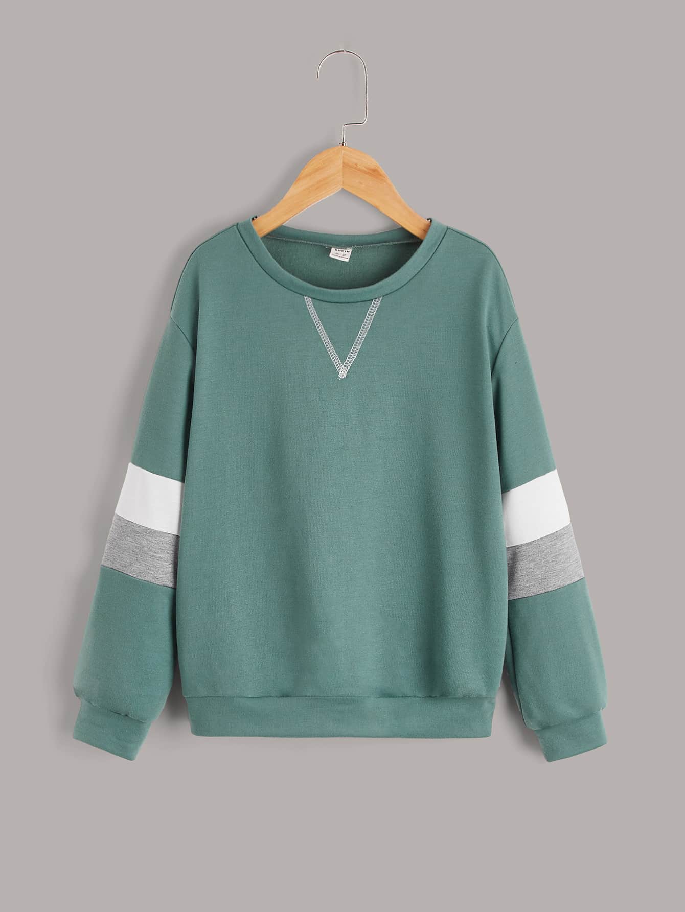 SHEIN 青少年男孩色塊拼接滴肩運動休閒長袖上衣，適用於春秋日常穿著 - 青碧色 - 查看 1