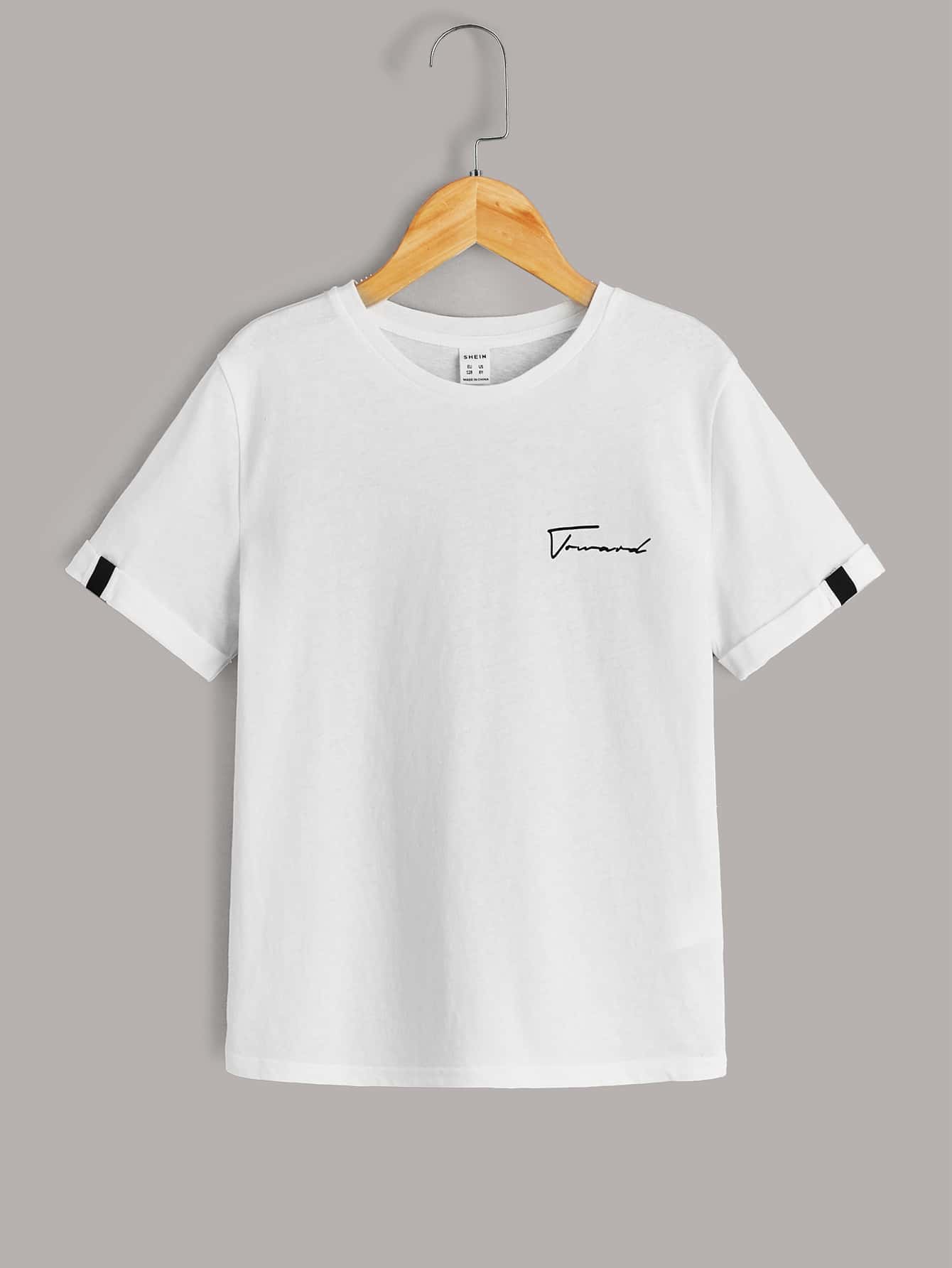 SHEIN Tween Boy Letter Graphic Tape Cuff Top - White - View 1