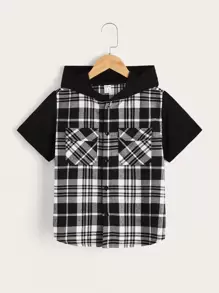 SHEIN 男孩格紋印花翻蓋口袋連帽襯衫 - 黑與白 - 查看 1