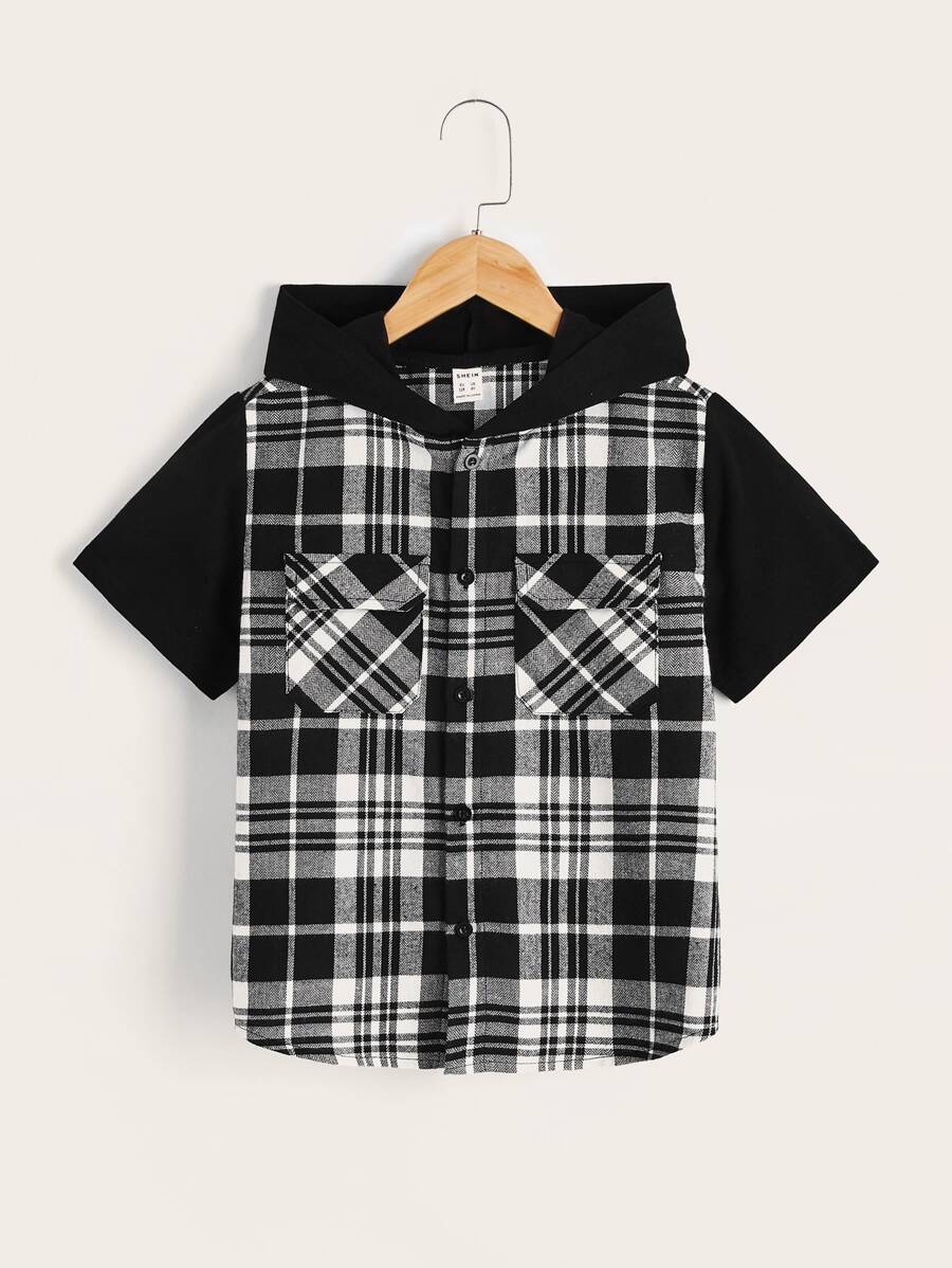 SHEIN 男孩格紋印花翻蓋口袋連帽襯衫 - 黑與白 - 查看 1