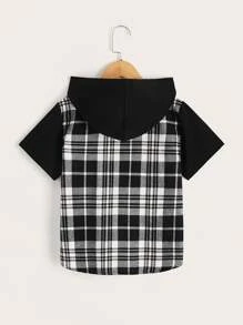 SHEIN 男孩格紋印花翻蓋口袋連帽襯衫 - 黑與白 - 查看 2
