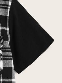 SHEIN 男孩格紋印花翻蓋口袋連帽襯衫 - 黑與白 - 查看 3