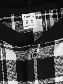 SHEIN 男孩格紋印花翻蓋口袋連帽襯衫 - 黑與白 - 查看 4