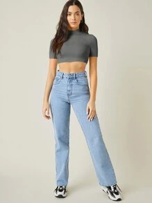 SHEIN BASICS Top corto tejido de canalé de cuello alto - Gris Oscuro - Ver 5