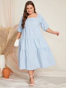 Mulvari 大碼方領荷葉邊連衣裙 - 淺藍色 - 查看 1