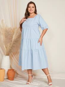 Mulvari 大碼方領荷葉邊連衣裙 - 淺藍色 - 查看 5