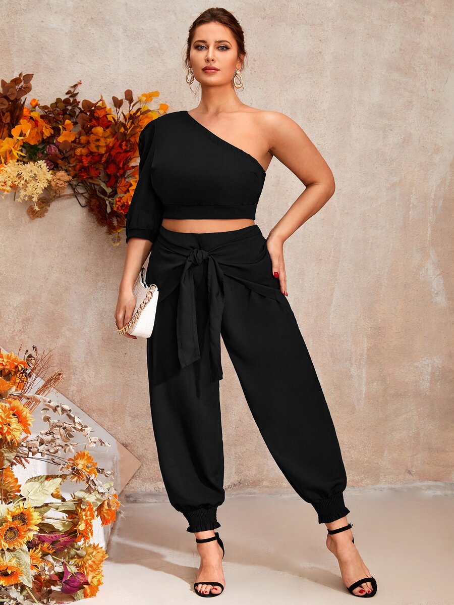 Mulvari Plus One Shoulder Crop Top & Knot Front Shirred Hem Trousers - Black - View 1