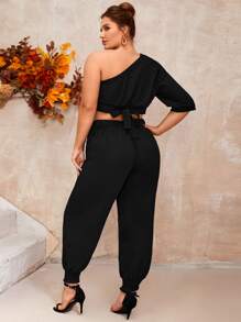 Mulvari Plus One Shoulder Crop Top & Knot Front Shirred Hem Trousers - Black - View 2