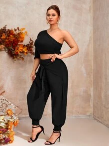 Mulvari Plus One Shoulder Crop Top & Knot Front Shirred Hem Trousers - Black - View 3