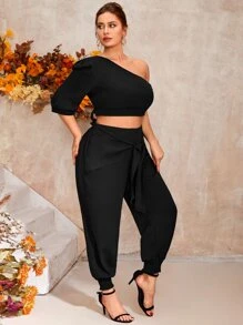 Mulvari Plus One Shoulder Crop Top & Knot Front Shirred Hem Trousers - Black - View 4