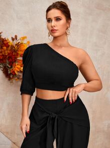 Mulvari Plus One Shoulder Crop Top & Knot Front Shirred Hem Trousers - Black - View 5