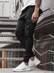 Manfinity Homme 男士翻蓋口袋工裝褲 - 黑色 - 查看 1