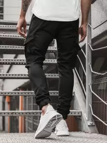 Manfinity Homme 男士翻蓋口袋工裝褲 - 黑色 - 查看 2