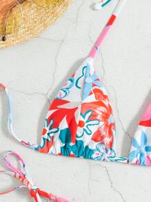 SHEIN Swim 花卉圖案吊脖三角杯比基尼上衣 - 彩色 - 查看 3