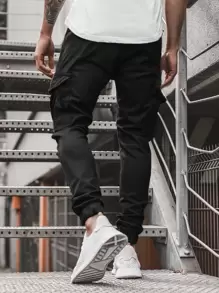 Manfinity Homme 男士翻蓋口袋工裝褲 - 黑色 - 查看 3